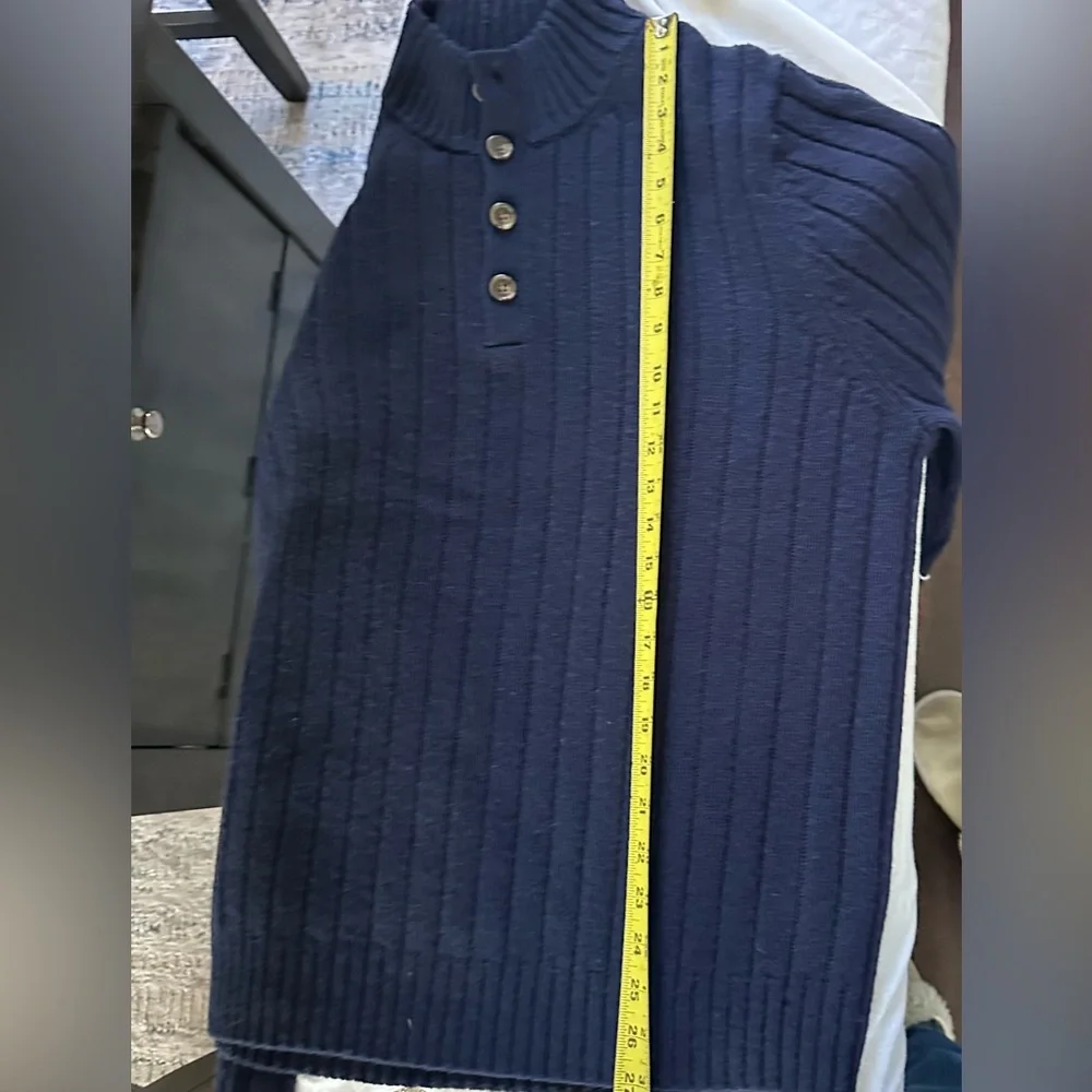 Brooks Brothers Ribbed Mock Neck Henley Wool Sweater Navy Large